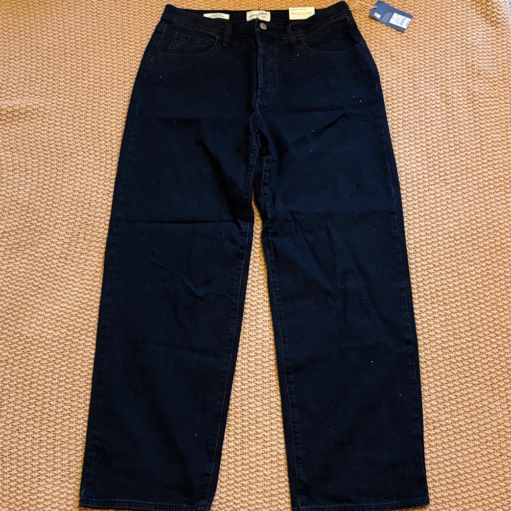 Black Mid Rise 90s Baggy Rhinestone Jeans